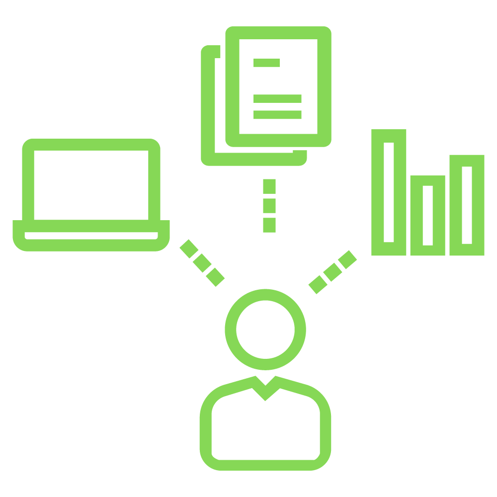 man connected by lines to computer, documents and graphs