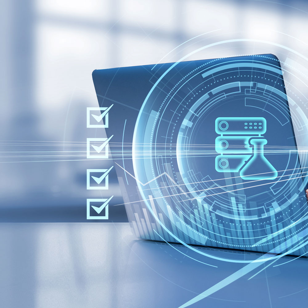 laptop with graphics showing data normalization and validation